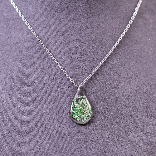 Bijoux argenté acier inoxydable 316L chirurgical hypoallergénique goutte vert fait main france artisanal phénaïsens phenaisens. Collier Rosée Matinale