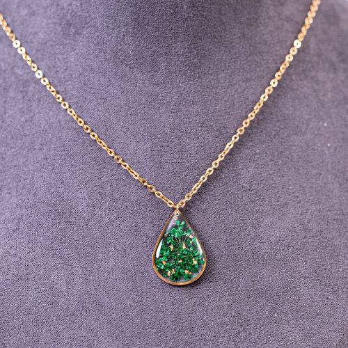 Bijoux doré acier inoxydable 316L chirurgical hypoallergénique goutte vert fait main france artisanal phénaïsens phenaisens. Collier Rosée Matinale