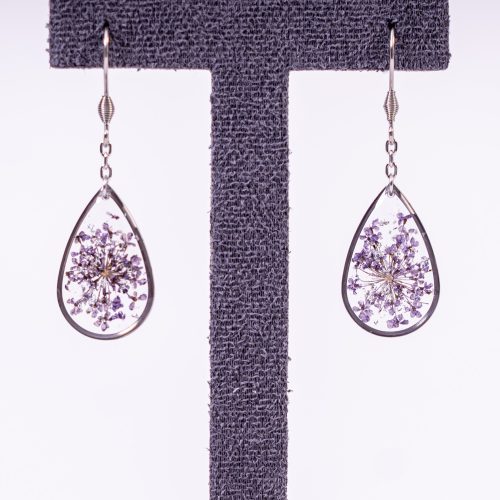 Bijoux rosée matinale argenté acier inoxydable 316L chirurgical hypoallergénique fleurs violet fait main france artisanal phénaïsens phenaisens. Boucles d'Oreilles Rosée Matinale