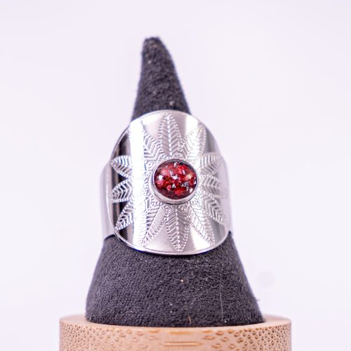 phénaïsens bijoux bague argenté fleurie acier inoxydable 316L chirurgical hypoallergénique fleurs rouge phenaisens fait main france artisanal. Bague Rosace